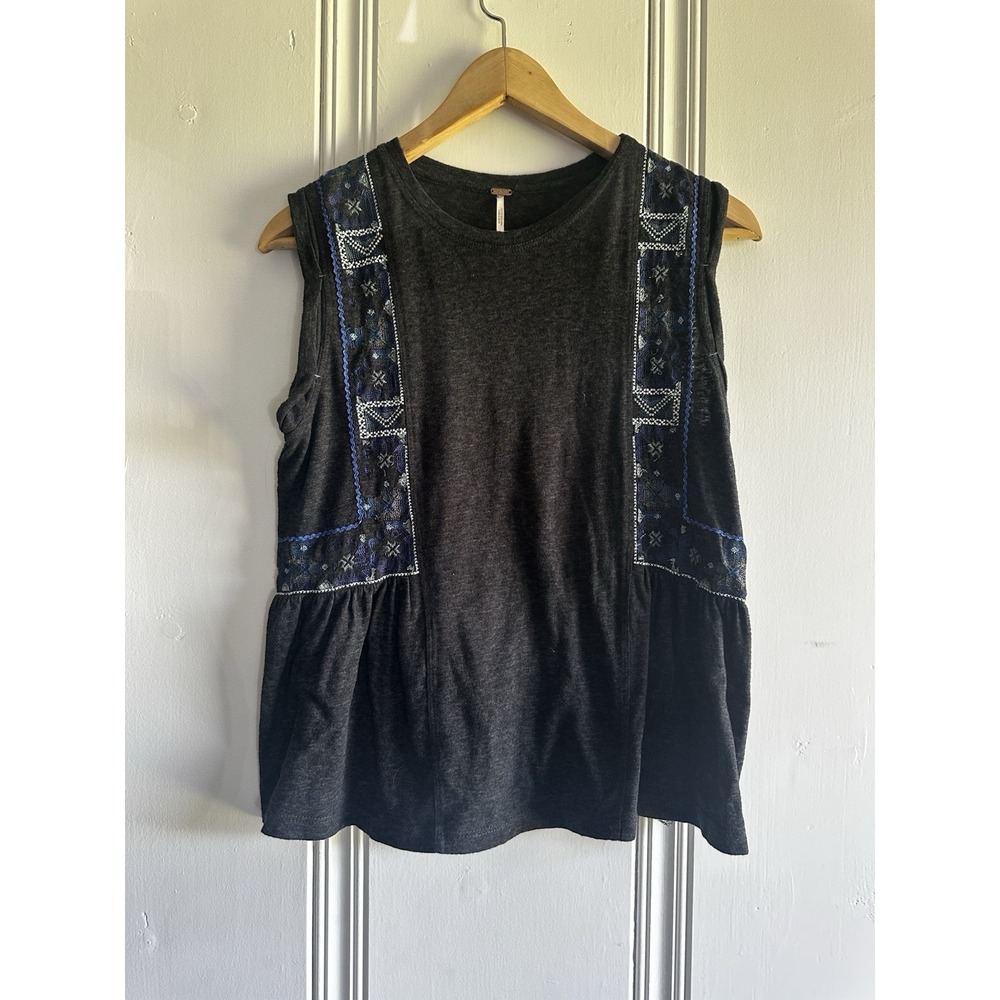 Free People Womens Embroidered Peplum Tank Top Black Sleeveless Boho Size Small